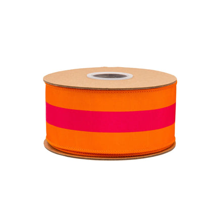 Durable 2 1/2" Wired Dupioni Ribbon, Pink on Orange Center Stripe, Orange Backing, perfect for party installations.