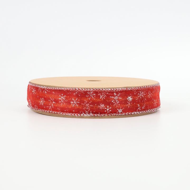 1" Wired Ribbon | Snowflakes on Red | 10 Yard Roll