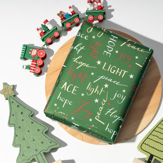 30" x 10' Holiday Wrapping Paper | Hope, Peace, Light Script