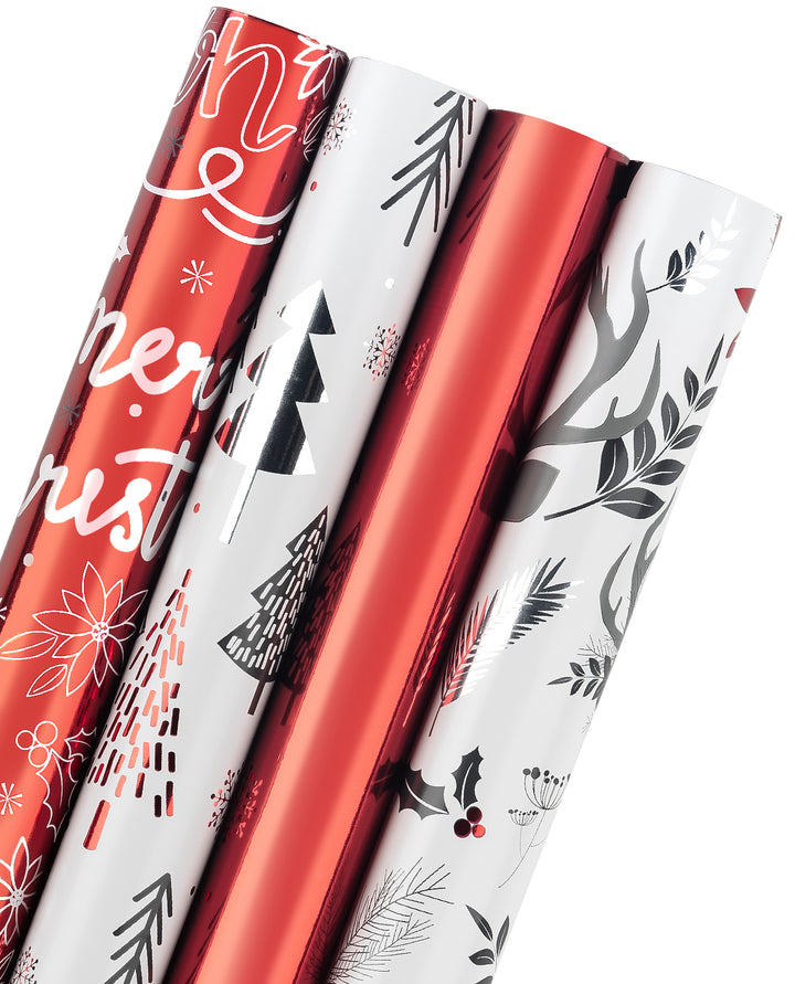 30" x 10' Wrapping Paper Bundle (4-pack) | Red/Silver/Xmas Metallic