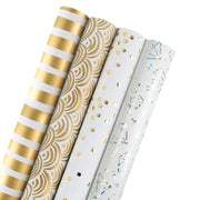 30" x 10' Wrapping Paper Bundle (4 Roll Pack) | White/Gold/Silver Diamonds/Dots/Rainbows/Stripes