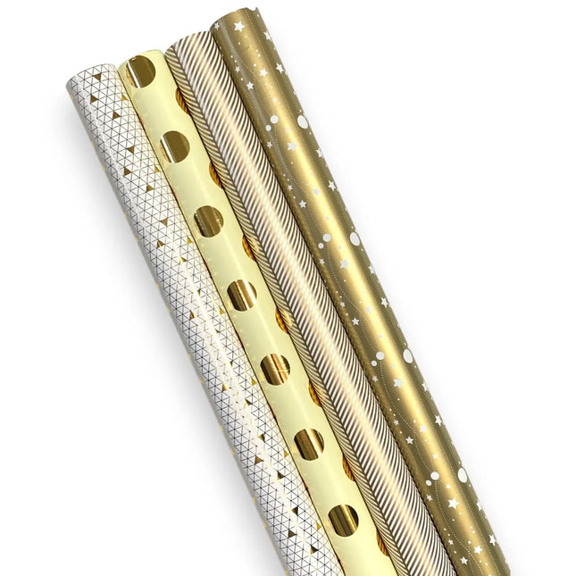 30" x 10' Wrapping Paper Bundle (4 Roll Pack) | White/Ivory/Gold Herringbone/Dots/Triangles/Art Deco LaRibbons and Crafts