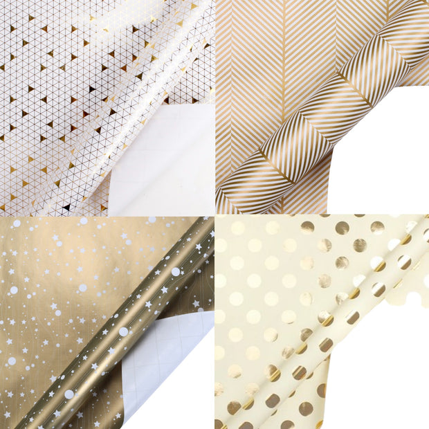 30" x 10' Wrapping Paper Bundle (4 Roll Pack) | White/Ivory/Gold Herringbone/Dots/Triangles/Art Deco