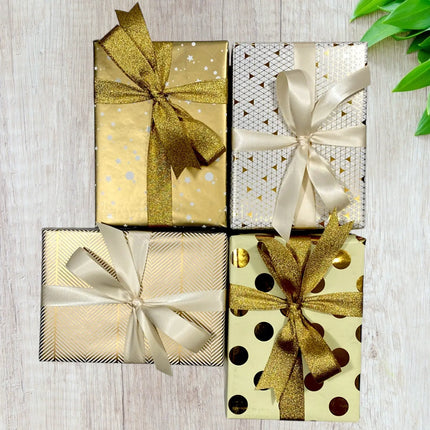 30" x 10' Wrapping Paper Bundle (4 Roll Pack) | White/Ivory/Gold Herringbone/Dots/Triangles/Art Deco LaRibbons and Crafts