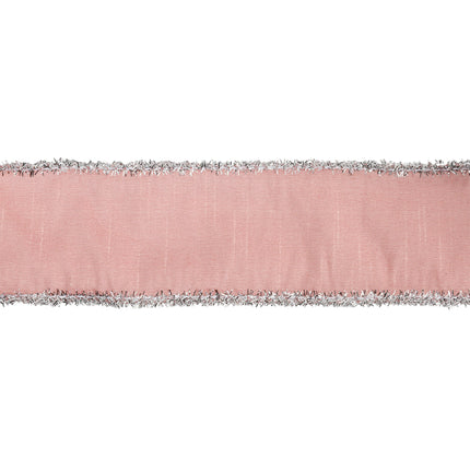 Pink Dupioni Ribbon: Shimmery Silver Lurex Trim Edge Close-Up