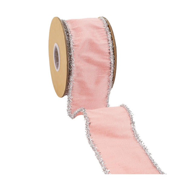 2 1/2" Wired Dupioni Ribbon w / Lurex Trim | Pink/Silver | 10 Yard Roll LaRibbons and Crafts