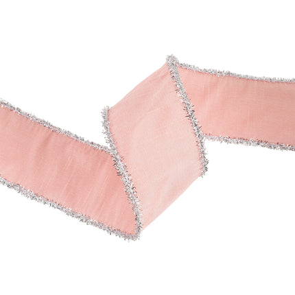 Pink Wired Dupioni Ribbon: Matching Front/Reverse, Shimmery Silver Lurex Trim