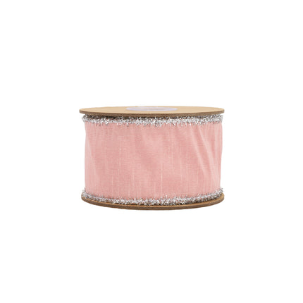 Pink Wired Dupioni Ribbon: Tightly Wound Spool, Shimmery Silver Lurex Trim