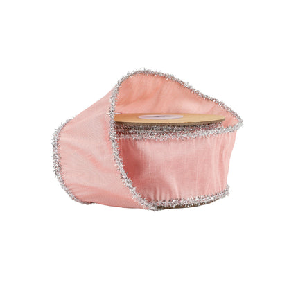 2 1/2" Wired Dupioni Ribbon: Pink, Shimmery Silver Lurex Trim, Wound on Spool