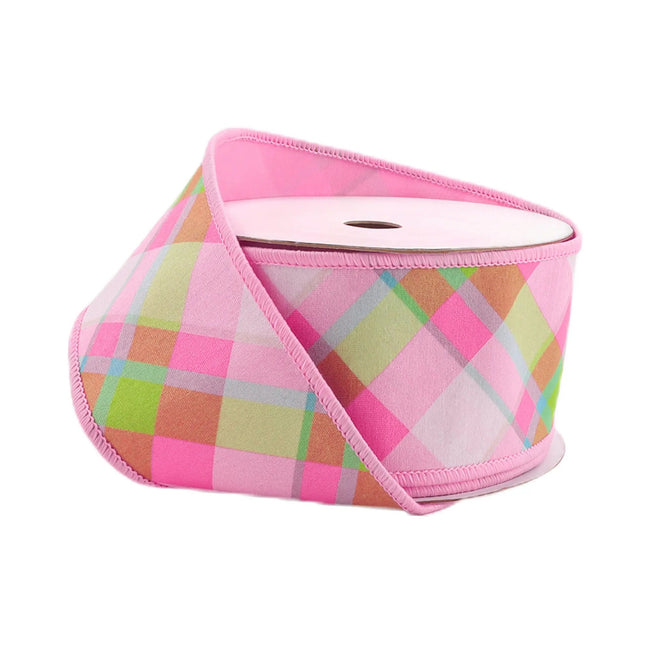 4" Wired Dupioni Ribbon | Bias Plaid Pink/White w/ Taffeta Fused Back | 10 Yard Roll LaRibbons and Crafts