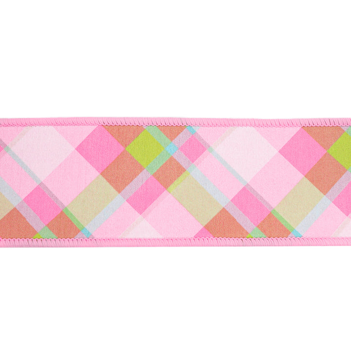 4" Wired Dupioni Ribbon | Bias Plaid Pink/White w/ Taffeta Fused Back | 10 Yard Roll