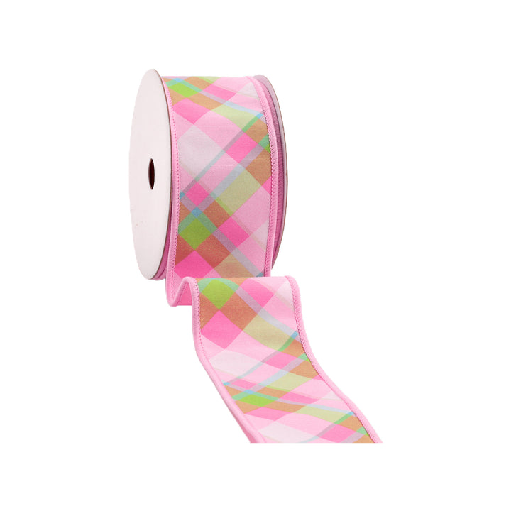 4" Wired Dupioni Ribbon | Bias Plaid Pink/White w/ Taffeta Fused Back | 10 Yard Roll