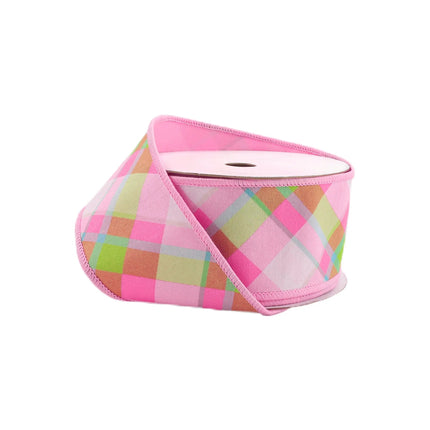 2 1/2" Wired Dupioni Ribbon | Bias Plaid Pink/White w/ Taffeta Fused Back | 10 Yard Roll LaRibbons and Crafts