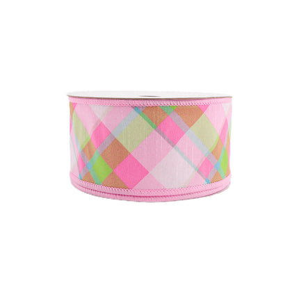 2 1/2" Wired Dupioni Ribbon | Bias Plaid Pink/White w/ Taffeta Fused Back | 10 Yard Roll LaRibbons and Crafts