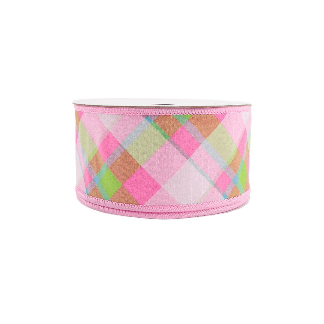 4" Wired Dupioni Ribbon | Bias Plaid Pink/White w/ Taffeta Fused Back | 10 Yard Roll