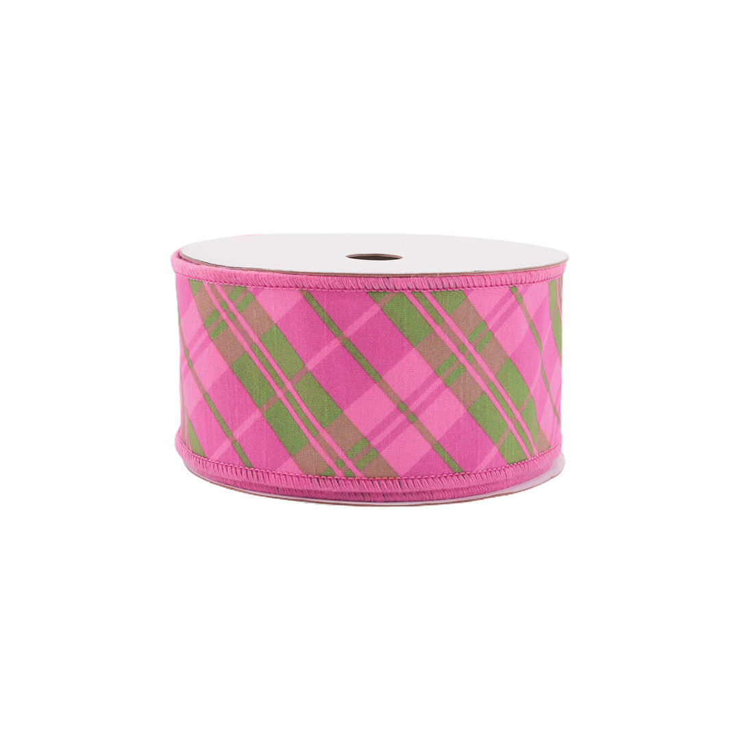 2 1/2" Wired Dupioni Ribbon | Bias Plaid Pink/Multi w/ Taffeta Fused Back | 10 Yard Roll