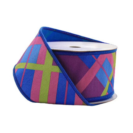 4" Wired Dupioni Ribbon | Bias Plaid Blue/Multi w/ Taffeta Fused Back | 10 Yard Roll LaRibbons and Crafts