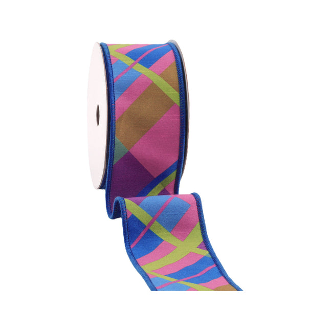 2 1/2" Wired Dupioni Ribbon | Bias Plaid Blue/Multi w/ Taffeta Fused Back | 10 Yard Roll LaRibbons and Crafts