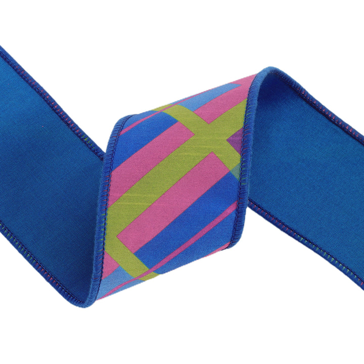 4" Wired Dupioni Ribbon | Bias Plaid Blue/Multi w/ Taffeta Fused Back | 10 Yard Roll