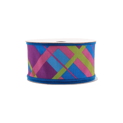 2 1/2" Wired Dupioni Ribbon | Bias Plaid Blue/Multi w/ Taffeta Fused Back | 10 Yard Roll LaRibbons and Crafts
