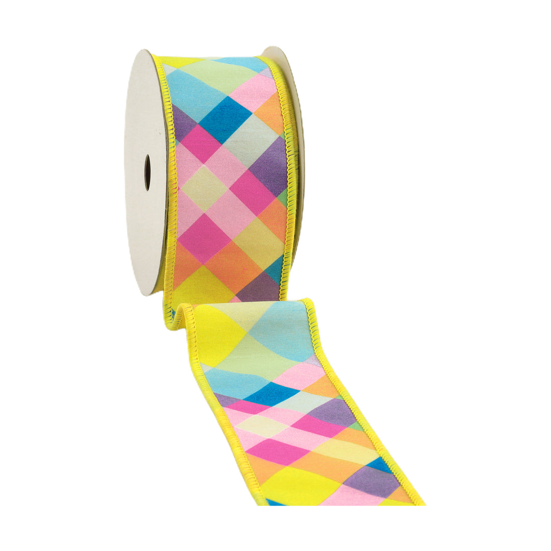 2 1/2" Wired Dupioni Ribbon | Bias Plaid Yellow/Multi w/ Taffeta Fused Back | 10 Yard Roll