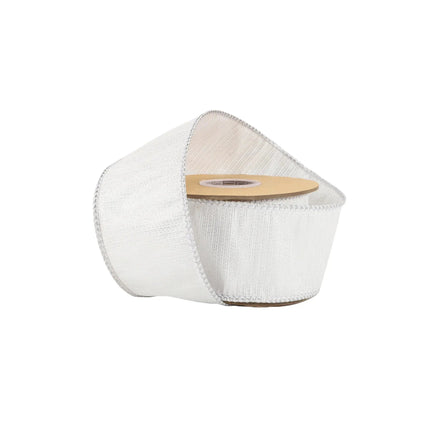 A spool of white ribbon features a textured, slightly shimmering  surface, ideal for adding a touch of elegance to crafting.