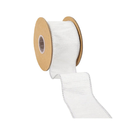 A reel of white ribbon has a distinctive woven texture with a hint of luster and clean edge stitching, suitable for artistic craft projects.