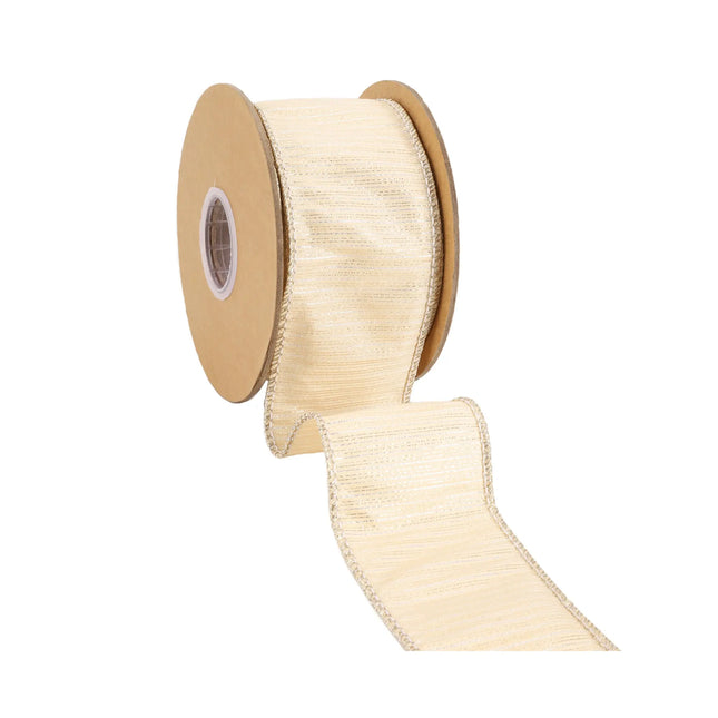 Beige Wired Dupioni Ribbon: Woven Texture, Gold Metallic Stripes, Draped Section