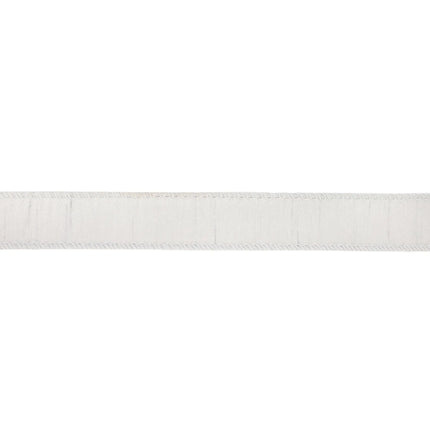 A length of white ribbon with delicate stitched edges, excellent for holiday ambiance, and craft-making.