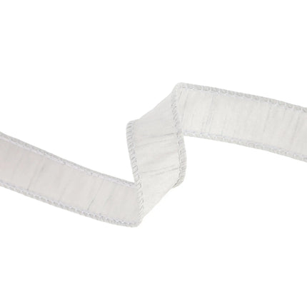 A length of white ribbon with delicate stitched edges, suited for holiday adornment, package embellishing.