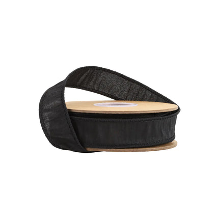 1" Wired Dupioni Ribbon in black, spooled with delicate texture, elegant for decor.