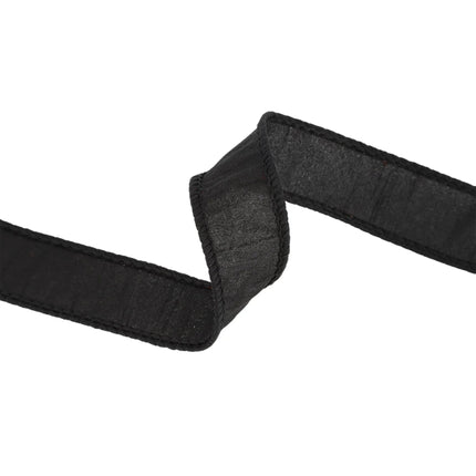 Black wired dupioni ribbon, both sides shown, delicate stitched edges, smooth textured fabric.
