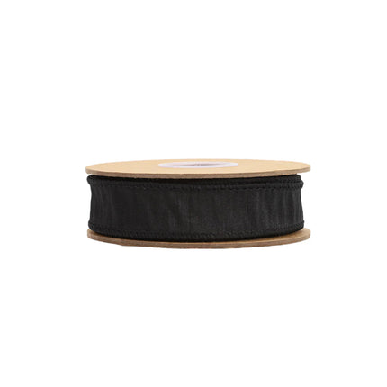 1" Wired Dupioni Ribbon in black, neatly spooled, exquisite craftsmanship, ideal for styling.