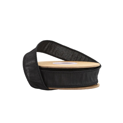 1" Wired Dupioni Ribbon in black, spooled with delicate texture, elegant for decor.