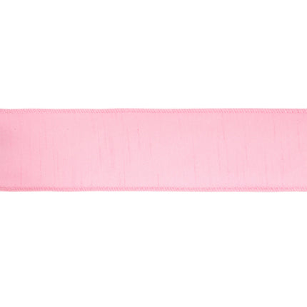 Pink wired dupioni ribbon: detailed woven texture & neat stitched edges.