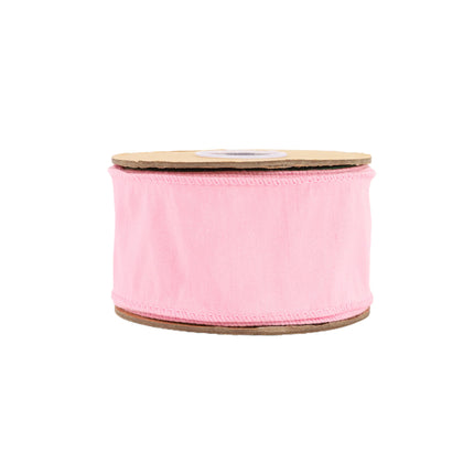 Full spool of pink wired dupioni ribbon, stitched edges & woven textured fabric.
