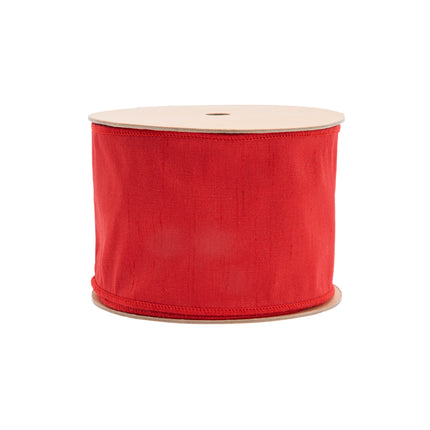Red 4" wired Dupioni ribbon spool: full roll, textured fabric, neat wired edges