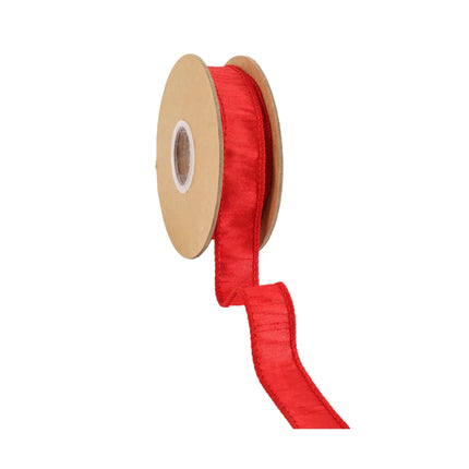 A roll red ribbon with stitched edges and a textured fabric look, ideal for decorative uses.