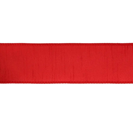 Red ribbon with a soft, flowing fabric and a neatly finished edge, featuring neatly stitched edges, perfect for crafting.