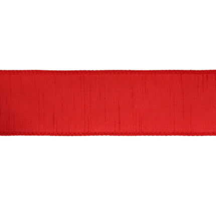 Red Wired Dupioni Ribbon with Stitched Edges, Rich Red, Textured Fabric Detail