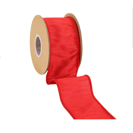 Red Wired Dupioni Ribbon Roll, Textured Polyester Material, Vibrant Red Shade