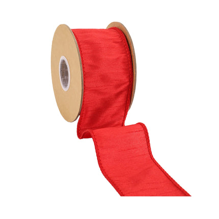 Red Wired Dupioni Ribbon Roll, Textured Polyester Material, Vibrant Red Shade