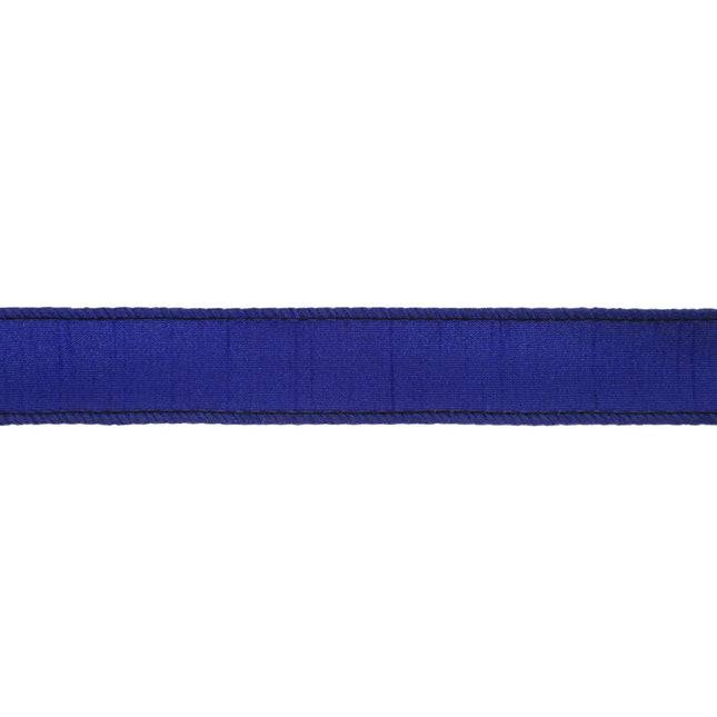 Rich navy blue wired dupioni ribbon with a subtle sheen, perfect for formal event accents.