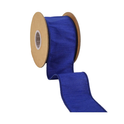 2 1/2" Vibrant royal blue wired dupioni ribbon with a natural slub texture, perfect for bouquet accents
