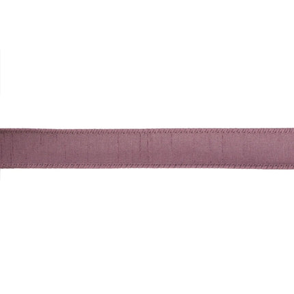 Purple ribbon showcases a subtle, muted sheen and a textured finish, with precise edge stitching, perfect for decor accents.