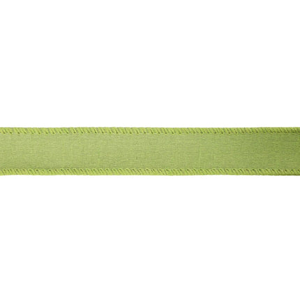 A piece of light green ribbon showcases a subtle, muted sheen and a woven texture, with precise edge stitching.