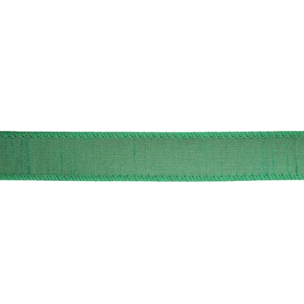 A green ribbon with detailed stitching along its borders, exhibiting a woven texture.