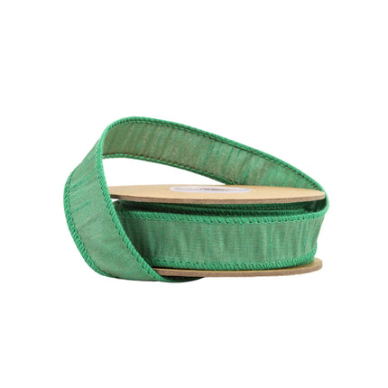 A spool of green ribbon with stitched edges, suitable for crafting or decorative uses.