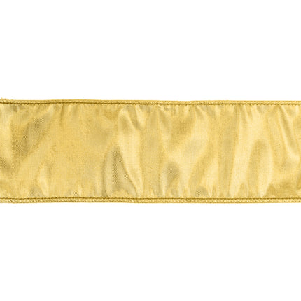 A spool of metallic gold ribbon with stitched edges, featuring a shiny, textured appearance, ideal for festive decorations.
