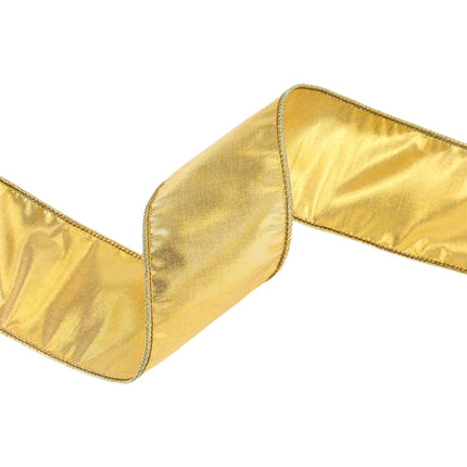 A spool of metallic gold ribbon with stitched edges, featuring a shiny, textured appearance, ideal for festive decorations.